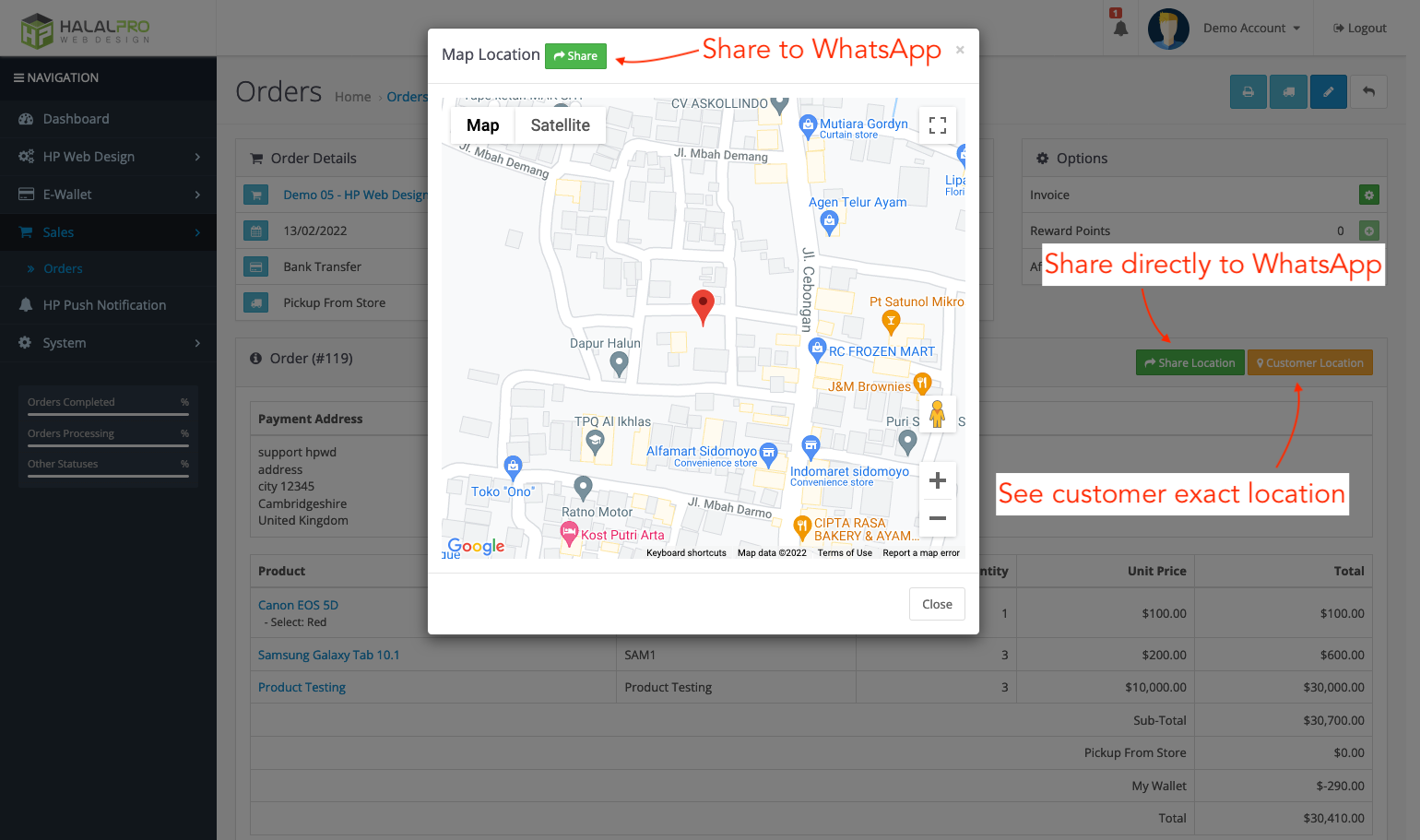 admin bisa melihat koordinat lokasi customer di google map